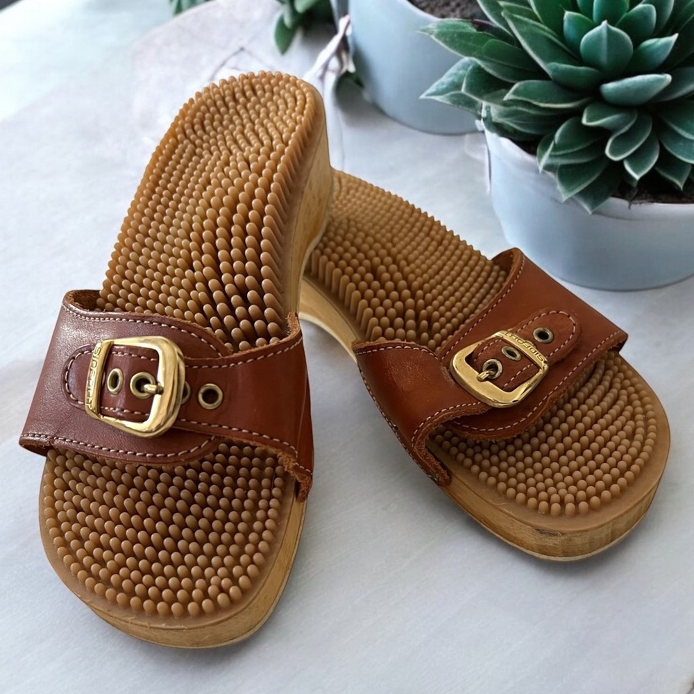 Brown Slide Sandals with Gold Buckle